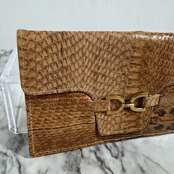 Vintage 60s Python Snakeskin Wallet Brown Leather Bi Fold Folio Style Gold Tone - Picture 5 of 14